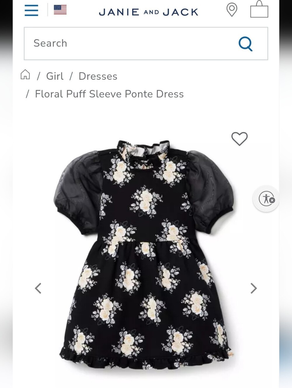 NWOT Janie and Jack Girl Black Floral Puff Sleeve Ponte Dress with Blooms Sz 12